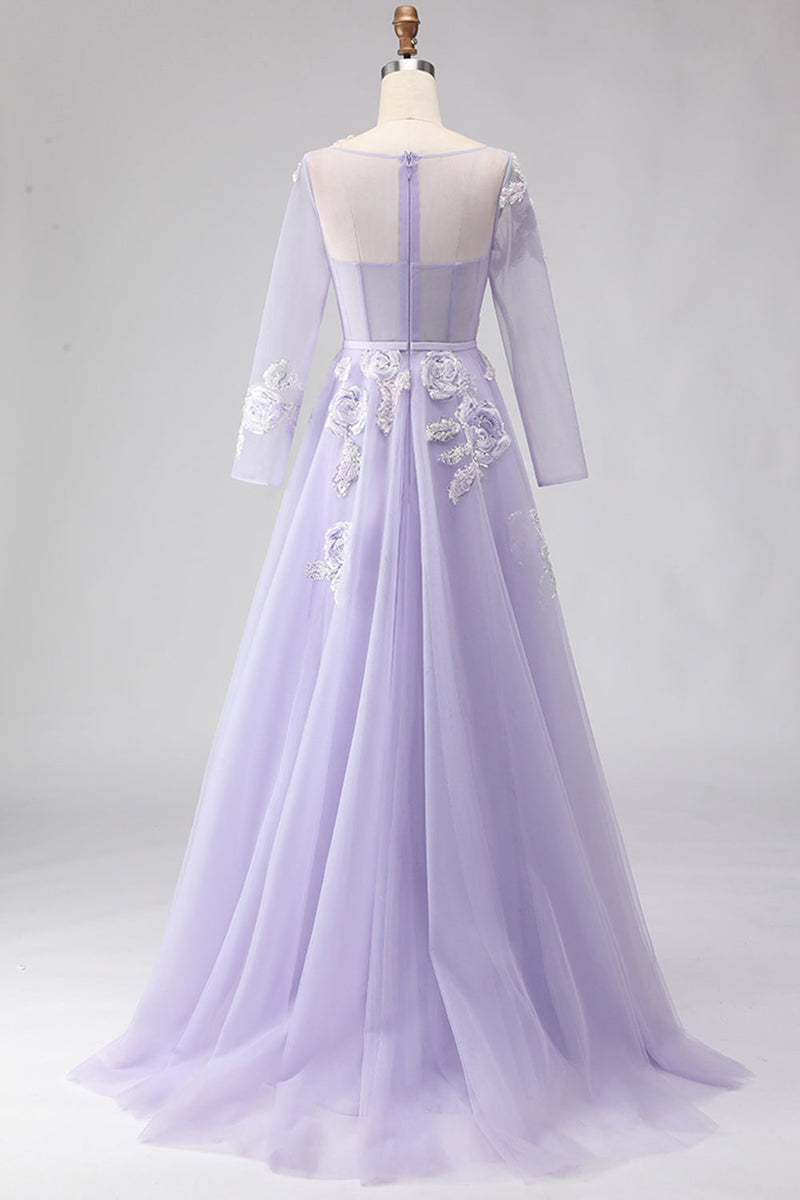 Load image into Gallery viewer, Sparkly Floral A Line Lilac Tulle Long Appliqued Corset Prom Dress with Sleeves