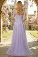 Load image into Gallery viewer, Sparkly Floral Corset A Line Lilac Tulle Long Appliqued Prom Dress with Sleeves