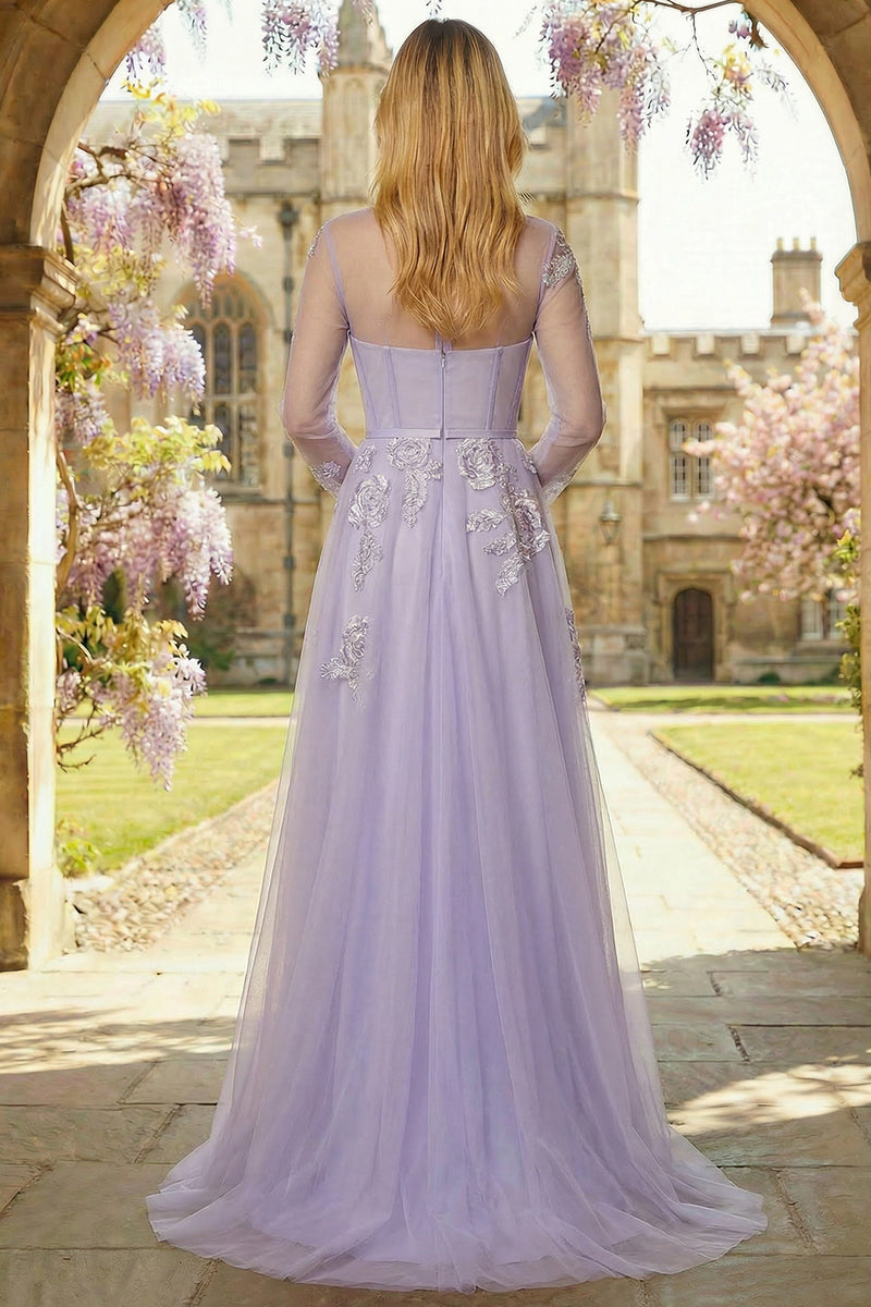 Load image into Gallery viewer, Sparkly Floral Corset A Line Lilac Tulle Long Appliqued Prom Dress with Sleeves