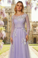 Load image into Gallery viewer, Sparkly Floral Corset A Line Lilac Tulle Long Appliqued Prom Dress with Sleeves