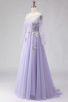 Load image into Gallery viewer, Sparkly Floral A Line Lilac Tulle Long Appliqued Corset Prom Dress with Sleeves