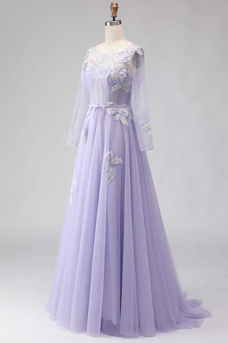 Load image into Gallery viewer, Sparkly Floral A Line Lilac Tulle Long Appliqued Corset Prom Dress with Sleeves