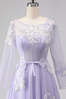 Load image into Gallery viewer, Sparkly Floral A Line Lilac Tulle Long Appliqued Corset Prom Dress with Sleeves
