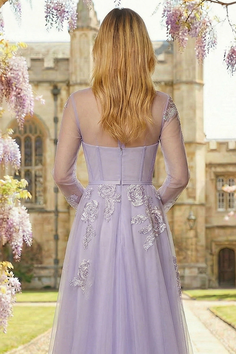 Load image into Gallery viewer, Sparkly Floral Corset A Line Lilac Tulle Long Appliqued Prom Dress with Sleeves