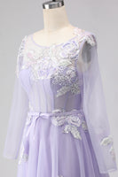Load image into Gallery viewer, Sparkly Floral A Line Lilac Tulle Long Appliqued Corset Prom Dress with Sleeves