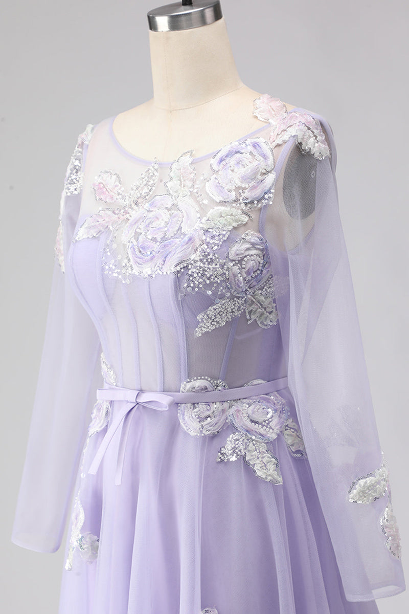 Load image into Gallery viewer, Sparkly Floral A Line Lilac Tulle Long Appliqued Corset Prom Dress with Sleeves