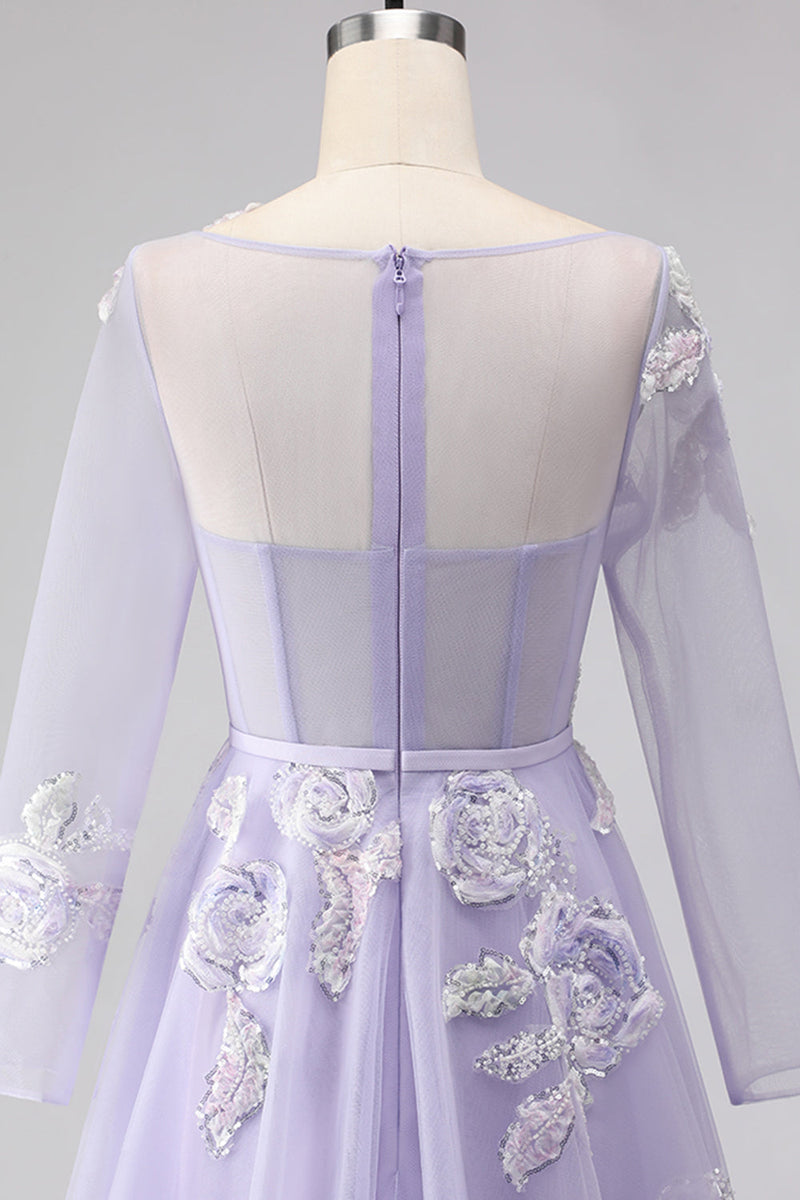 Load image into Gallery viewer, Sparkly Floral A Line Lilac Tulle Long Appliqued Corset Prom Dress with Sleeves