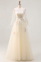 Load image into Gallery viewer, Yellow Floral A Line Tulle Long Sleeve Prom Dress