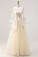 Load image into Gallery viewer, Sparkly Floral A Line Lilac Tulle Long Appliqued Corset Prom Dress with Sleeves
