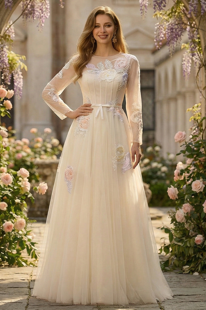 Load image into Gallery viewer, Sparkly Floral Corset A Line Lilac Tulle Long Appliqued Prom Dress with Sleeves