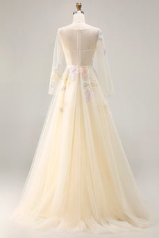 Yellow Floral A Line Tulle Long Sleeve Prom Dress
