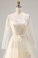 Load image into Gallery viewer, Sparkly Floral A Line Lilac Tulle Long Appliqued Corset Prom Dress with Sleeves