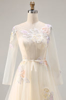 Load image into Gallery viewer, Yellow Floral A Line Tulle Long Sleeve Prom Dress