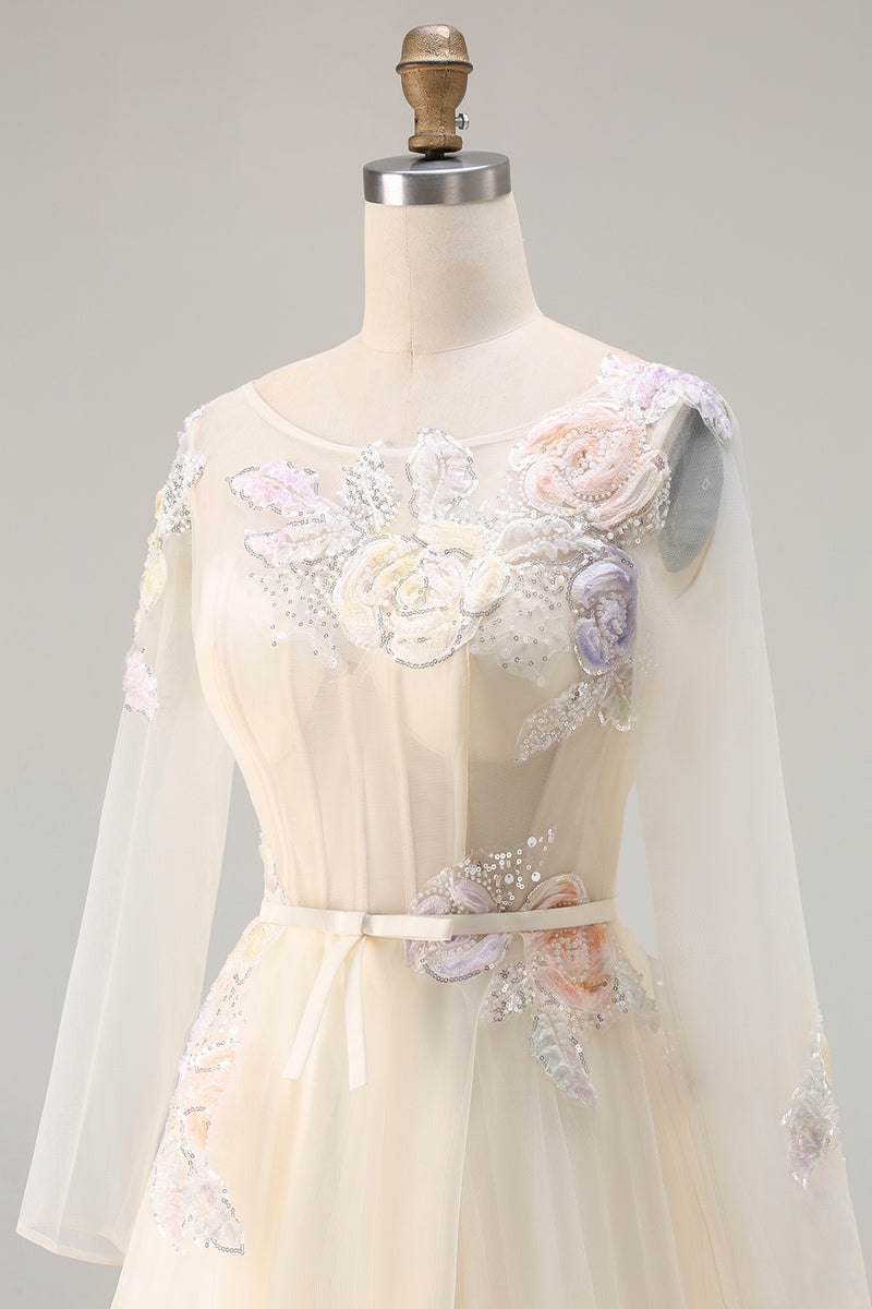 Load image into Gallery viewer, Yellow Floral A Line Tulle Long Sleeve Prom Dress