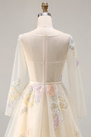 Load image into Gallery viewer, Yellow Floral A Line Tulle Long Sleeve Prom Dress
