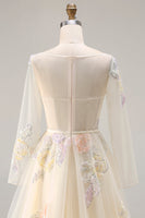 Load image into Gallery viewer, Sparkly Floral A Line Lilac Tulle Long Appliqued Corset Prom Dress with Sleeves
