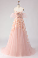 Load image into Gallery viewer, Floral Blush A Line Off the Shoulder Long Prom Dress with Bow