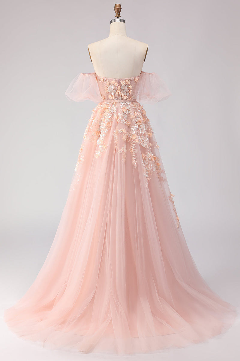 Load image into Gallery viewer, Floral Blush A Line Off the Shoulder Long Prom Dress with Bow