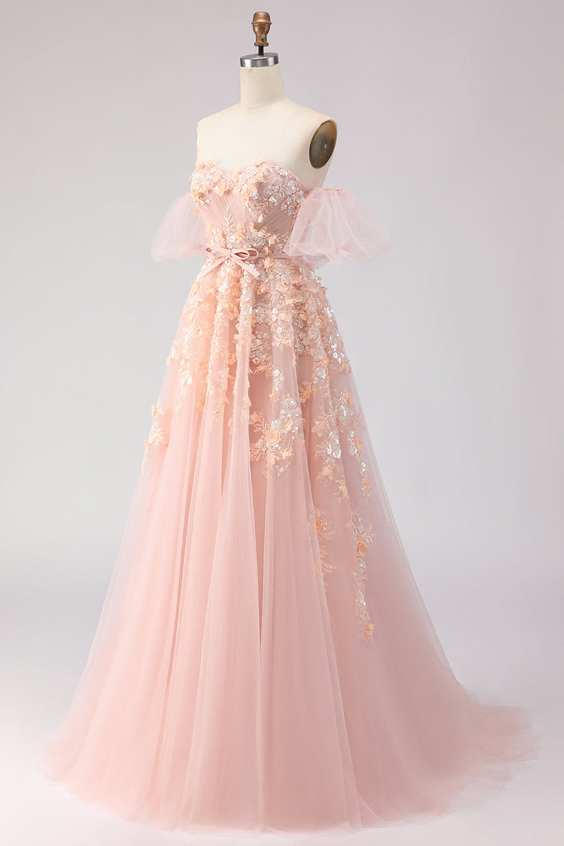 Load image into Gallery viewer, Floral Blush A Line Off the Shoulder Long Prom Dress with Bow