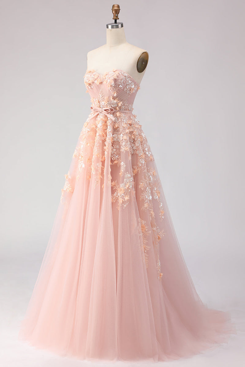 Load image into Gallery viewer, Floral Blush A Line Off the Shoulder Long Prom Dress with Bow