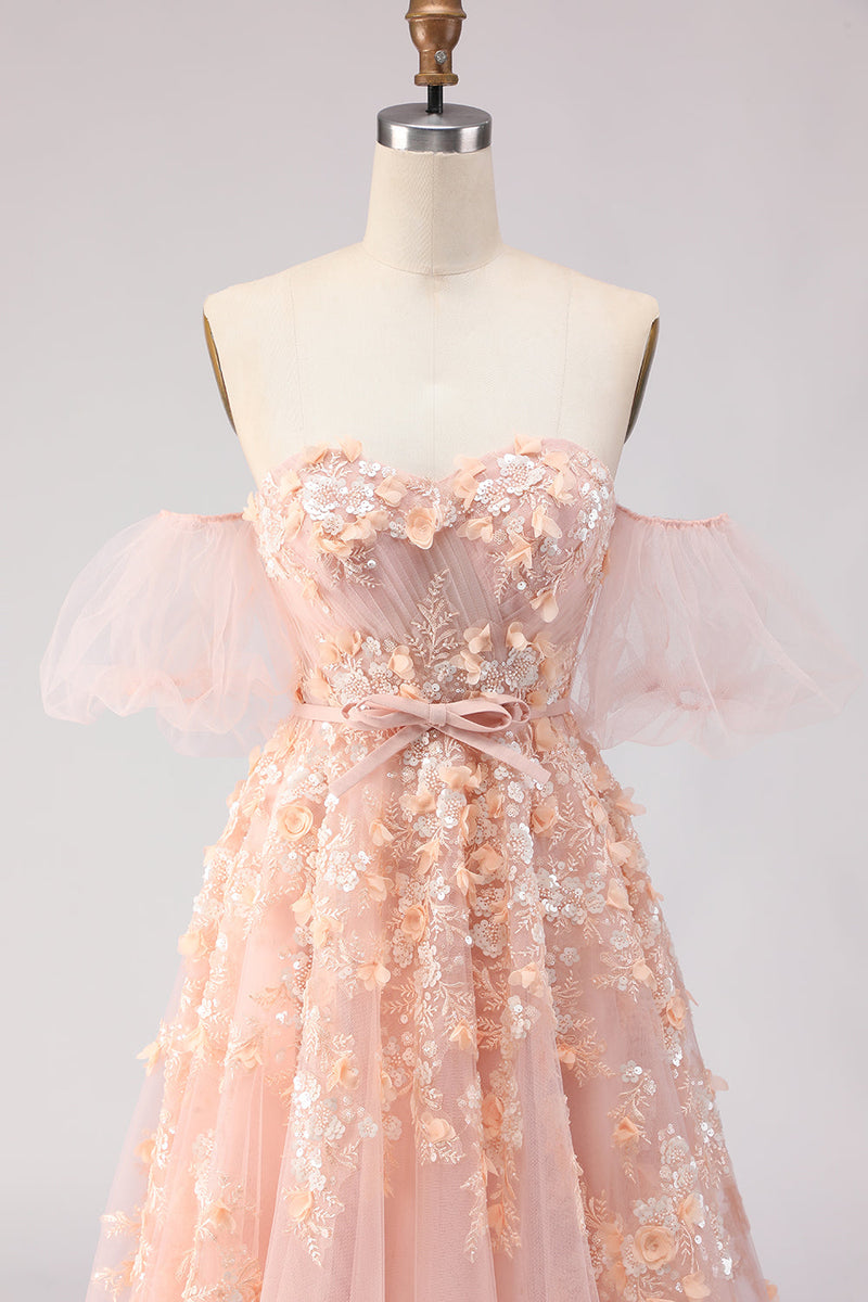 Load image into Gallery viewer, Floral Blush A Line Off the Shoulder Long Prom Dress with Bow