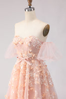 Load image into Gallery viewer, Floral Blush A Line Off the Shoulder Long Prom Dress with Bow