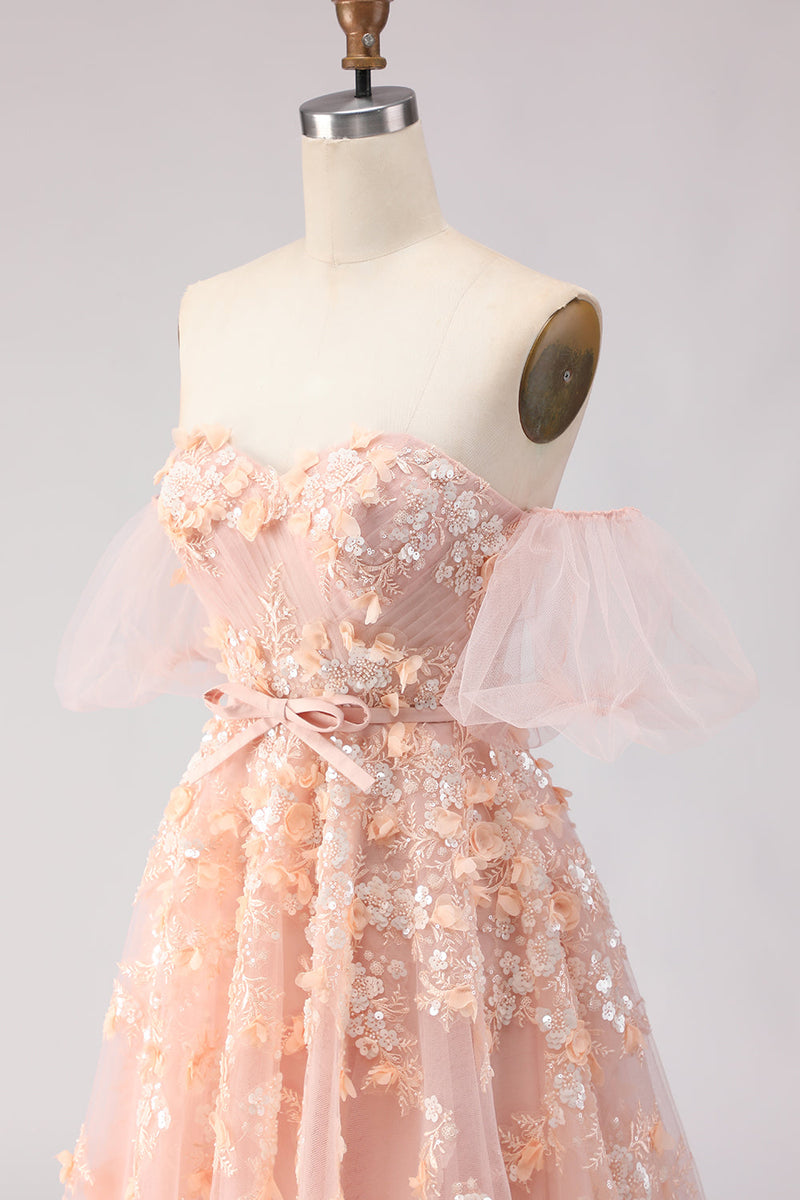 Load image into Gallery viewer, Purple Off the Shoulder Floral A Line Long Prom Dress with Bow