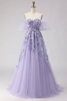 Load image into Gallery viewer, Purple Off the Shoulder Floral A Line Long Prom Dress with Bow