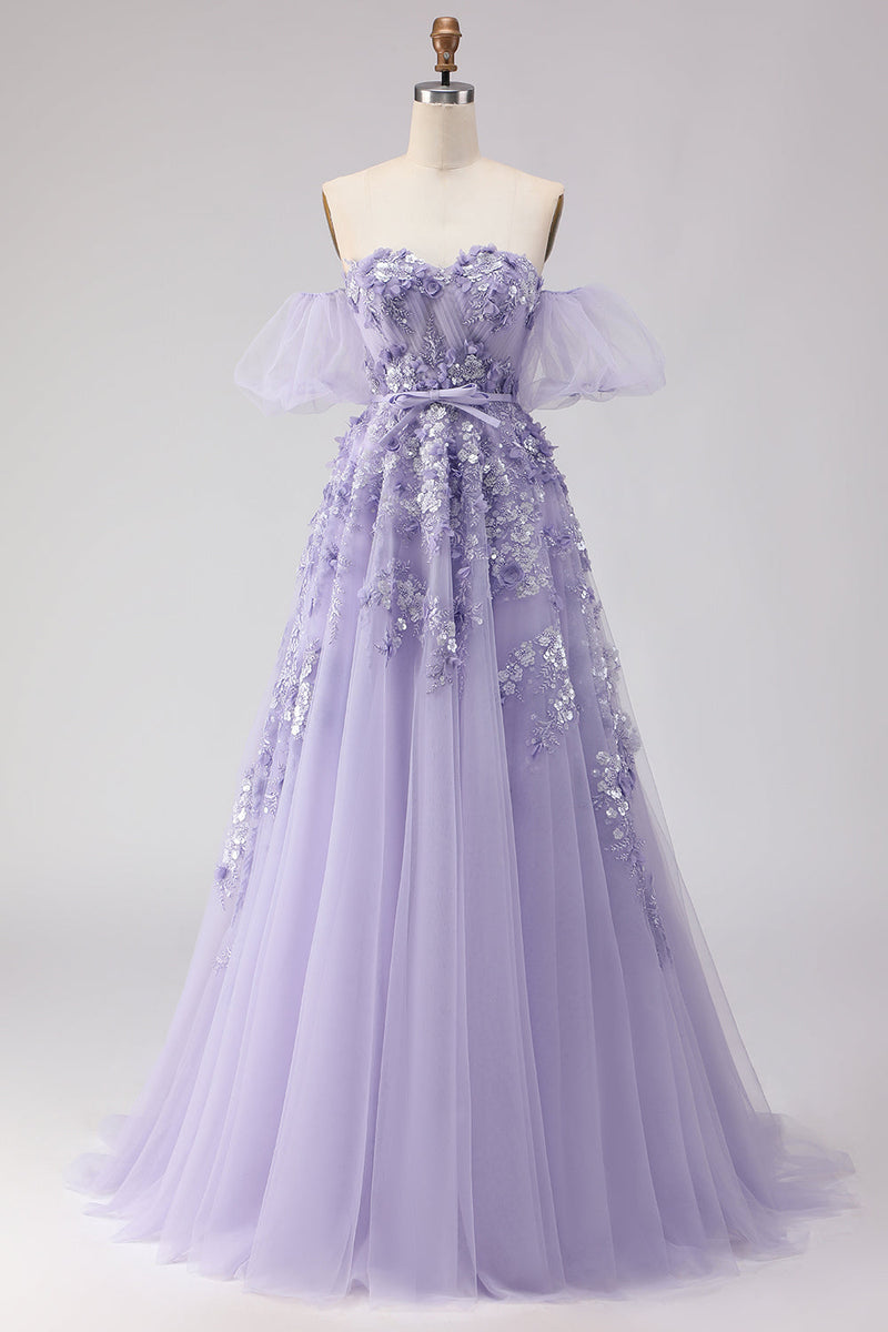 Load image into Gallery viewer, Purple Off the Shoulder Floral A Line Long Prom Dress with Bow