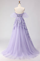 Load image into Gallery viewer, Purple Off the Shoulder Floral A Line Long Prom Dress with Bow