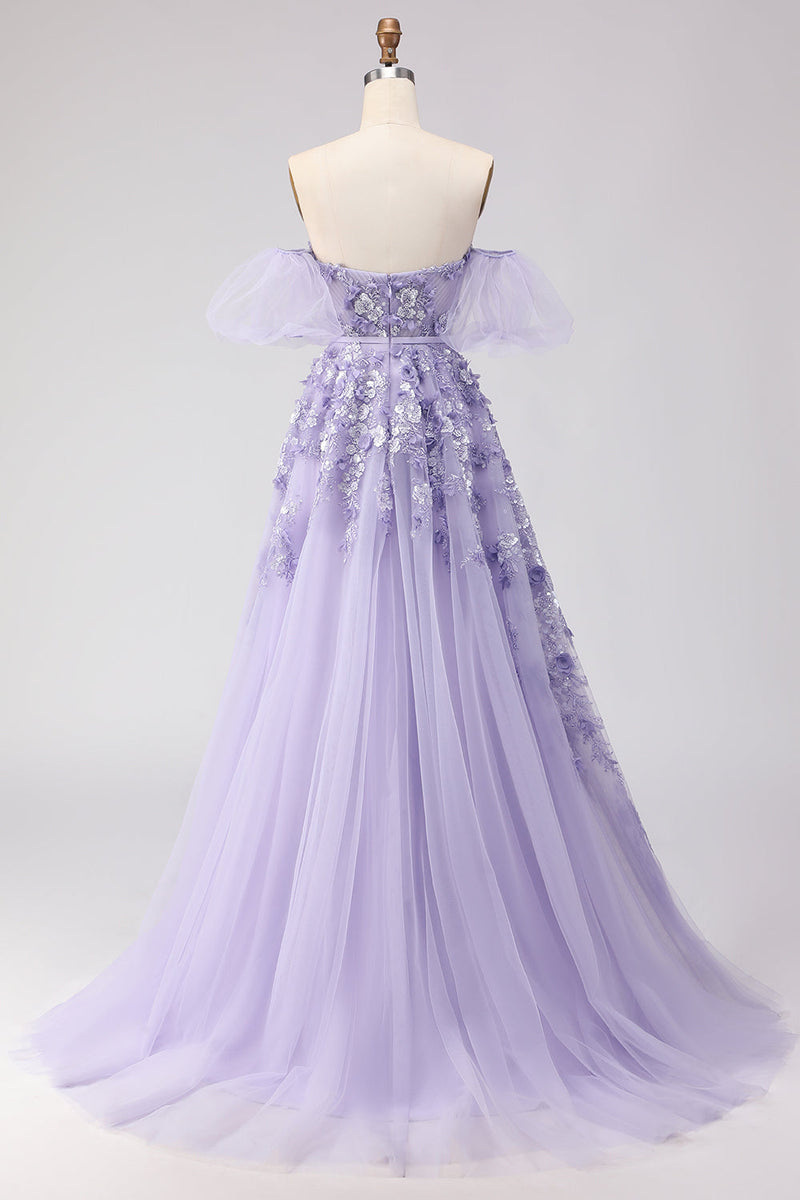 Load image into Gallery viewer, Purple Off the Shoulder Floral A Line Long Prom Dress with Bow