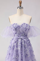 Load image into Gallery viewer, Purple Off the Shoulder Floral A Line Long Prom Dress with Bow