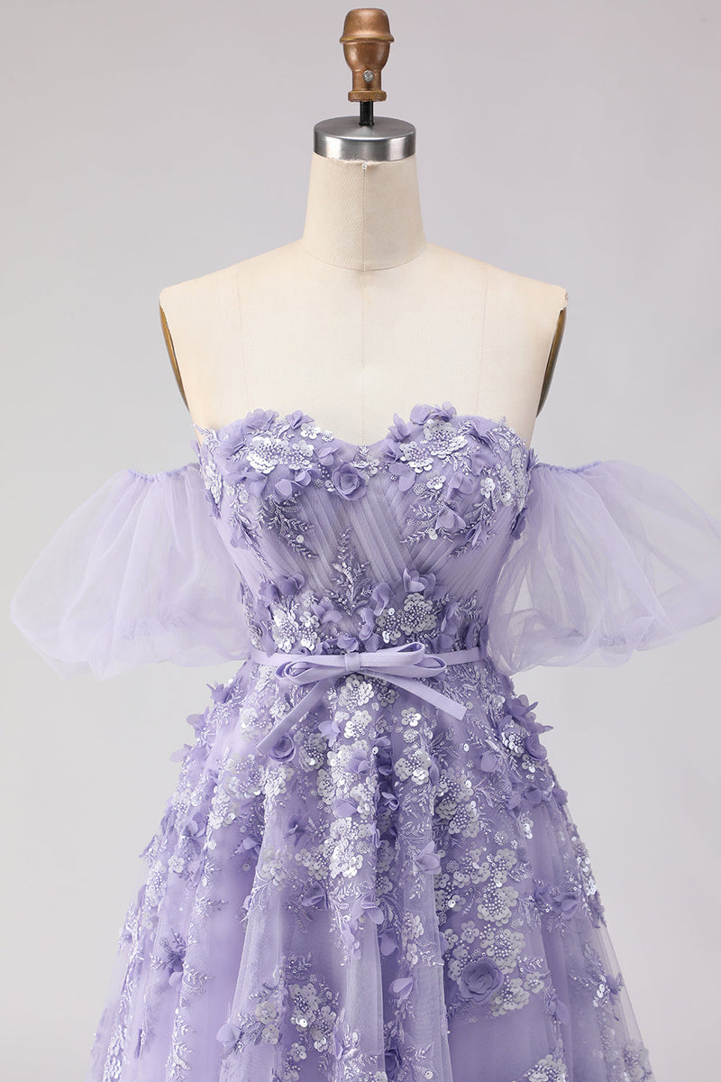 Load image into Gallery viewer, Purple Off the Shoulder Floral A Line Long Prom Dress with Bow