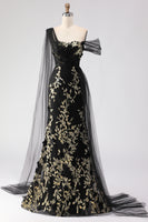 Load image into Gallery viewer, Black Golden Floral One Shoulder Long Prom Dress with Side Cape