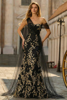 Load image into Gallery viewer, Black Golden Floral One Shoulder Long Prom Dress with Side Cape