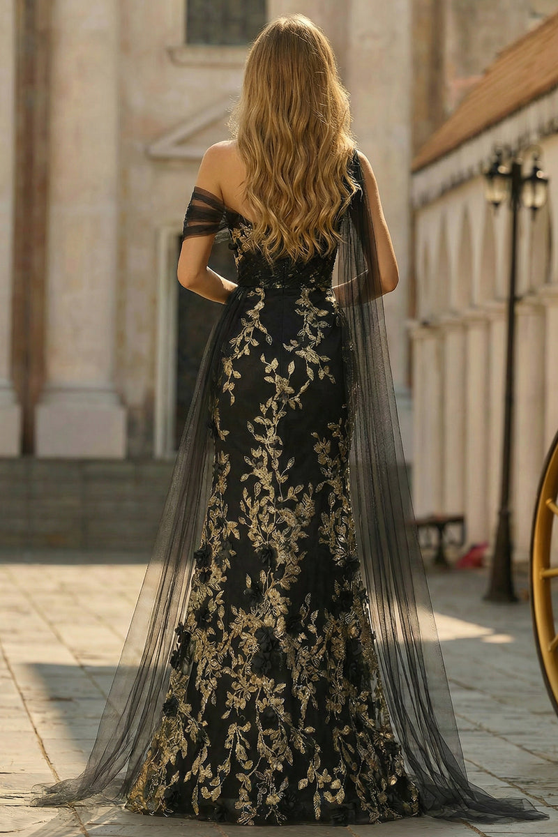 Load image into Gallery viewer, Black Golden Floral One Shoulder Long Prom Dress with Side Cape