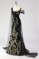 Load image into Gallery viewer, Green One Shoulder Floral Long Prom Dress with Side Cape