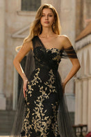 Load image into Gallery viewer, Black Golden Floral One Shoulder Long Prom Dress with Side Cape