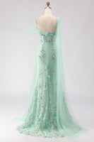 Load image into Gallery viewer, Green One Shoulder Floral Long Prom Dress with Side Cape