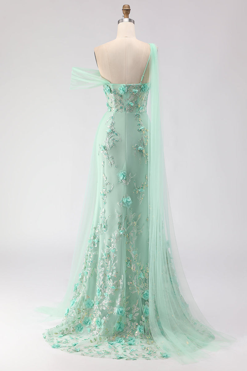 Load image into Gallery viewer, Green One Shoulder Floral Long Prom Dress with Side Cape