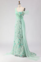 Load image into Gallery viewer, Green One Shoulder Floral Long Prom Dress with Side Cape