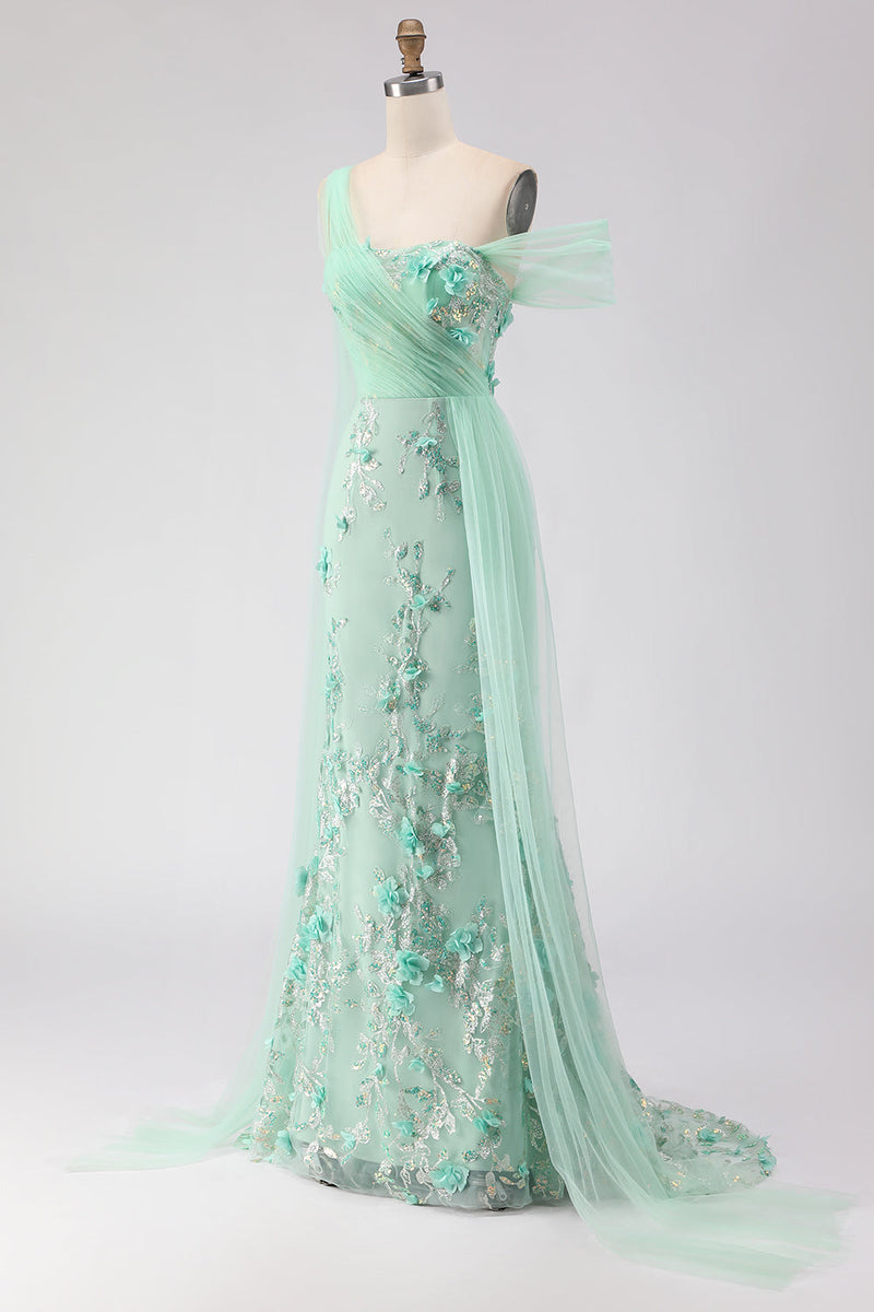 Load image into Gallery viewer, Green One Shoulder Floral Long Prom Dress with Side Cape