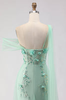 Load image into Gallery viewer, Green One Shoulder Floral Long Prom Dress with Side Cape