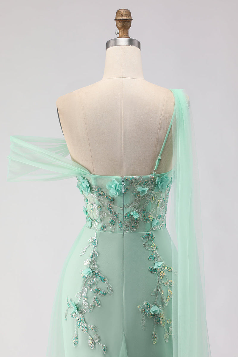 Load image into Gallery viewer, Green One Shoulder Floral Long Prom Dress with Side Cape