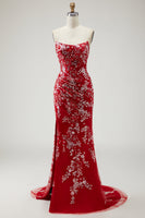 Load image into Gallery viewer, Sparkly Red Mermaid Floral Long Prom Dress with Beading