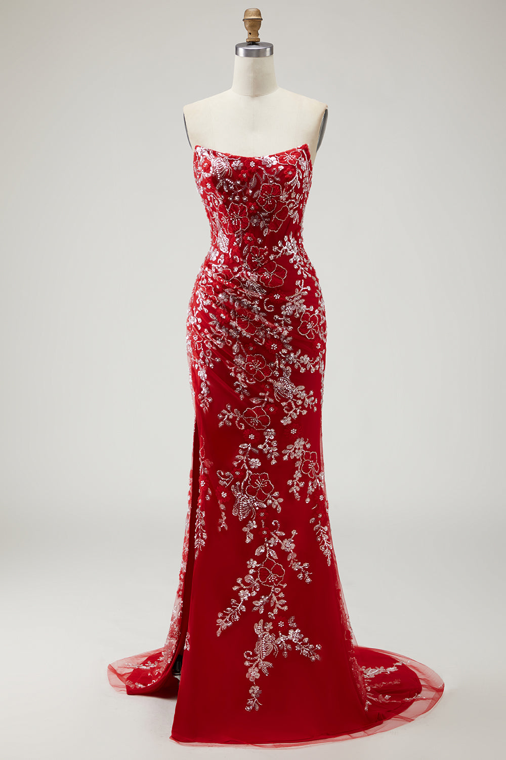 Sparkly Red Mermaid Floral Long Prom Dress with Beading