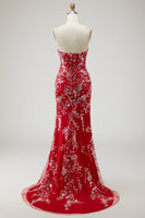 Load image into Gallery viewer, Sparkly Red Mermaid Floral Long Prom Dress with Beading