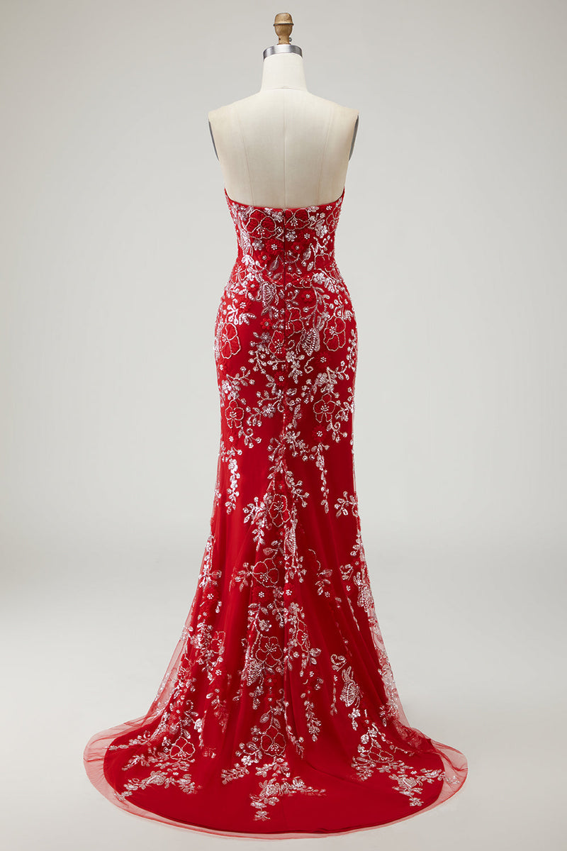 Load image into Gallery viewer, Sparkly Red Mermaid Floral Long Prom Dress with Beading