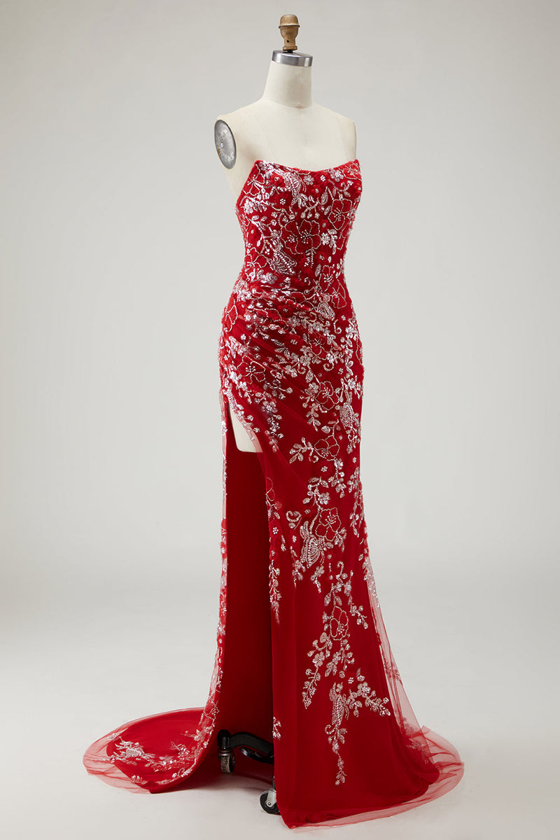 Load image into Gallery viewer, Sparkly Red Mermaid Floral Long Prom Dress with Beading