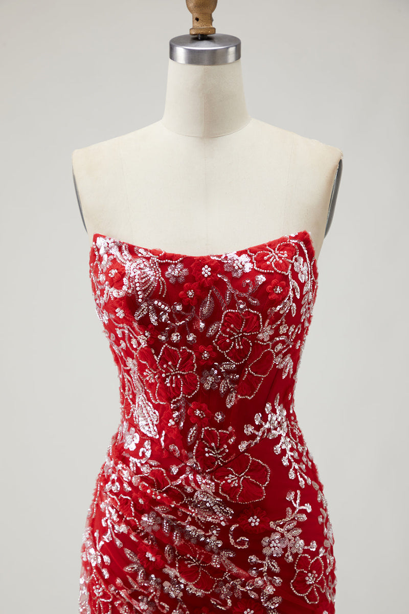 Load image into Gallery viewer, Sparkly Red Mermaid Floral Long Prom Dress with Beading